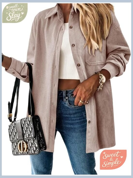 Tops - Oversized Corduroy Button Down Shirt with Pockets Long Sleeve V Neck Blouse